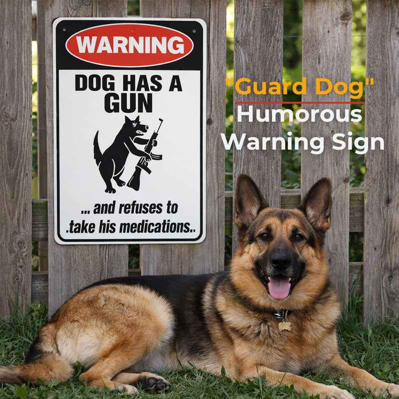 Humoristisch waarschuwingsbord met de tekst "Waakhond" 🐶 — Geef je buren iets om over te praten