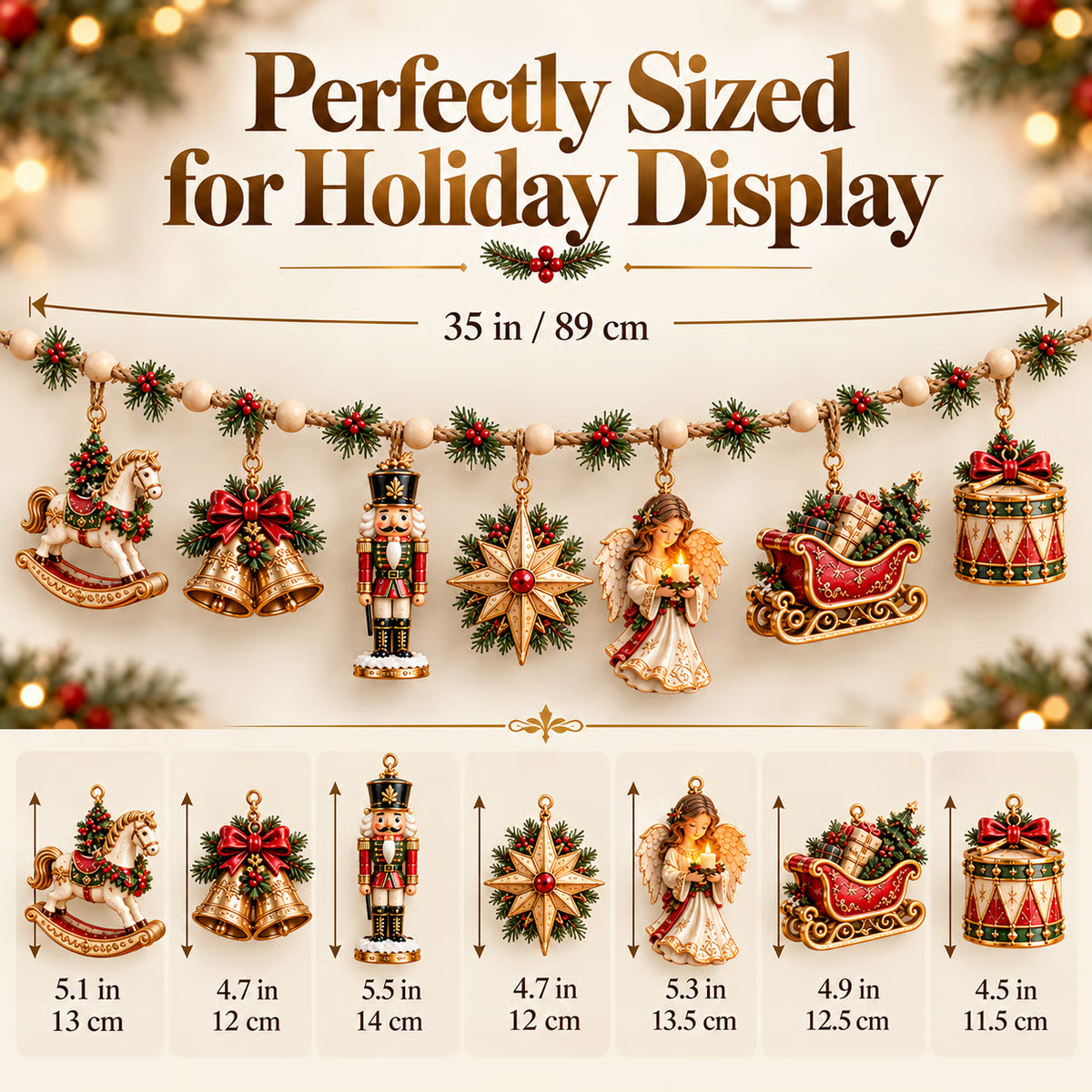 🎄 7-Piece Vintage Christmas Garland | Removable 3D Ornaments