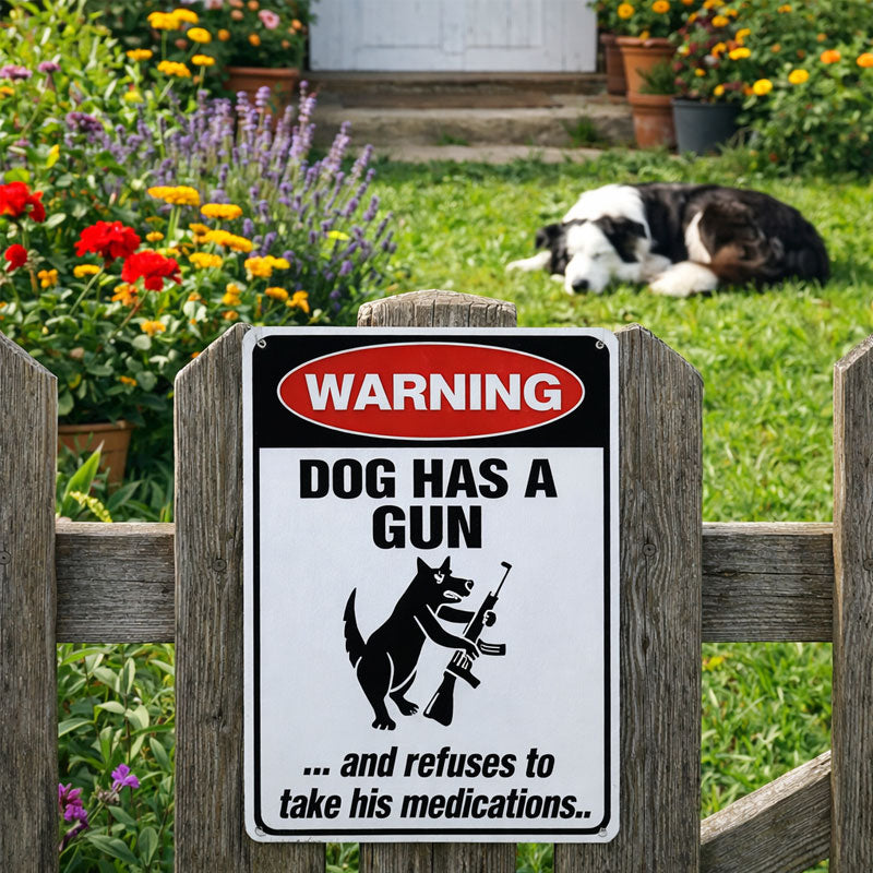 Humoristisch waarschuwingsbord met de tekst "Waakhond" 🐶 — Geef je buren iets om over te praten