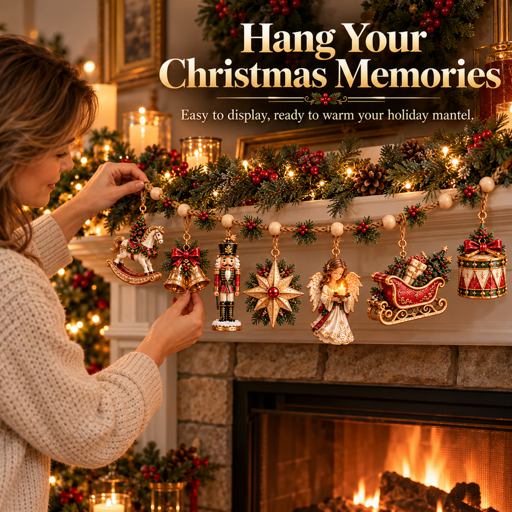 🎄 7-Piece Vintage Christmas Garland | Removable 3D Ornaments