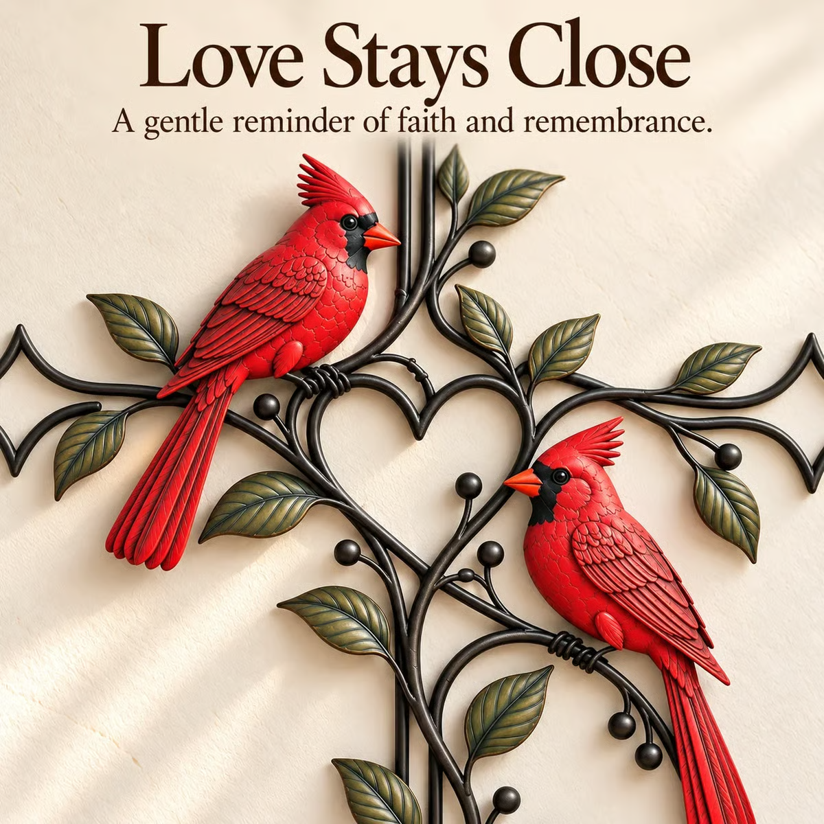 ❤️🐦 Love Stays Close – Cardinal Heart Cross Wall Decor