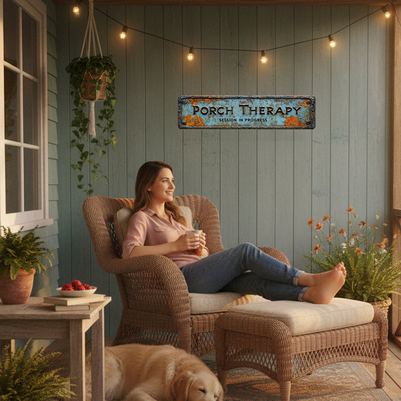 Metallskylt i lantlig stil med "Veranda Healing"