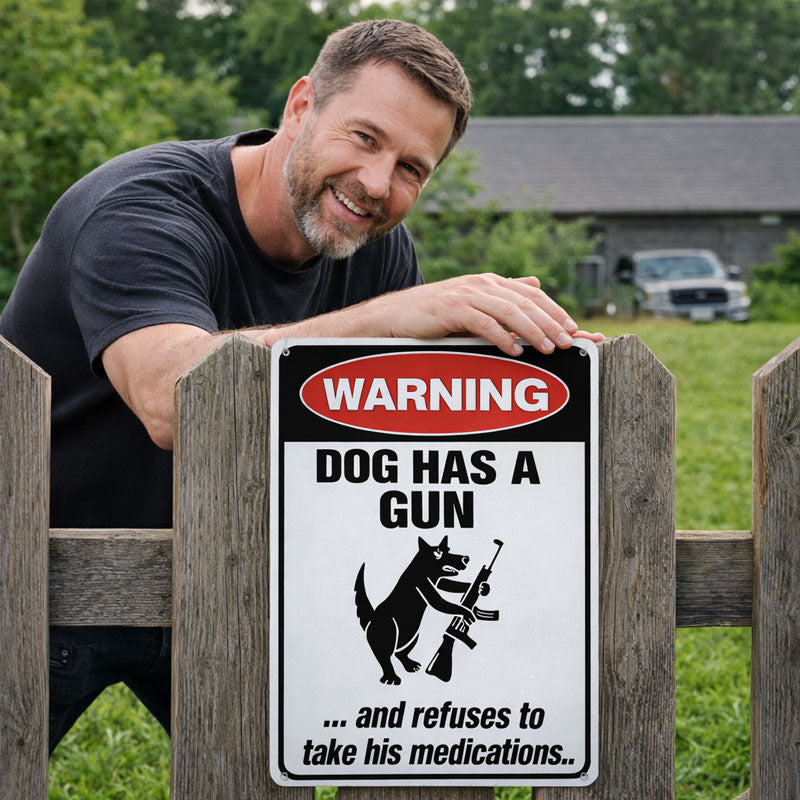 Humoristisch waarschuwingsbord met de tekst "Waakhond" 🐶 — Geef je buren iets om over te praten
