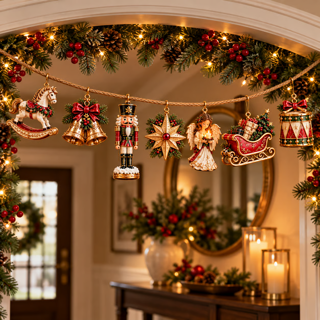 🎄 7-Piece Vintage Christmas Garland | Removable 3D Ornaments