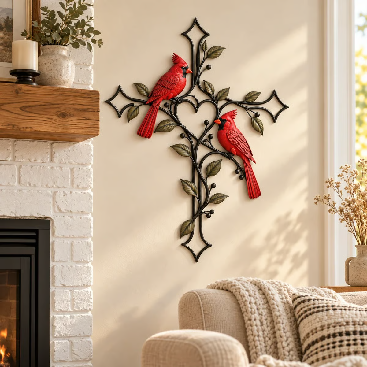 ❤️🐦 Love Stays Close – Cardinal Heart Cross Wall Decor