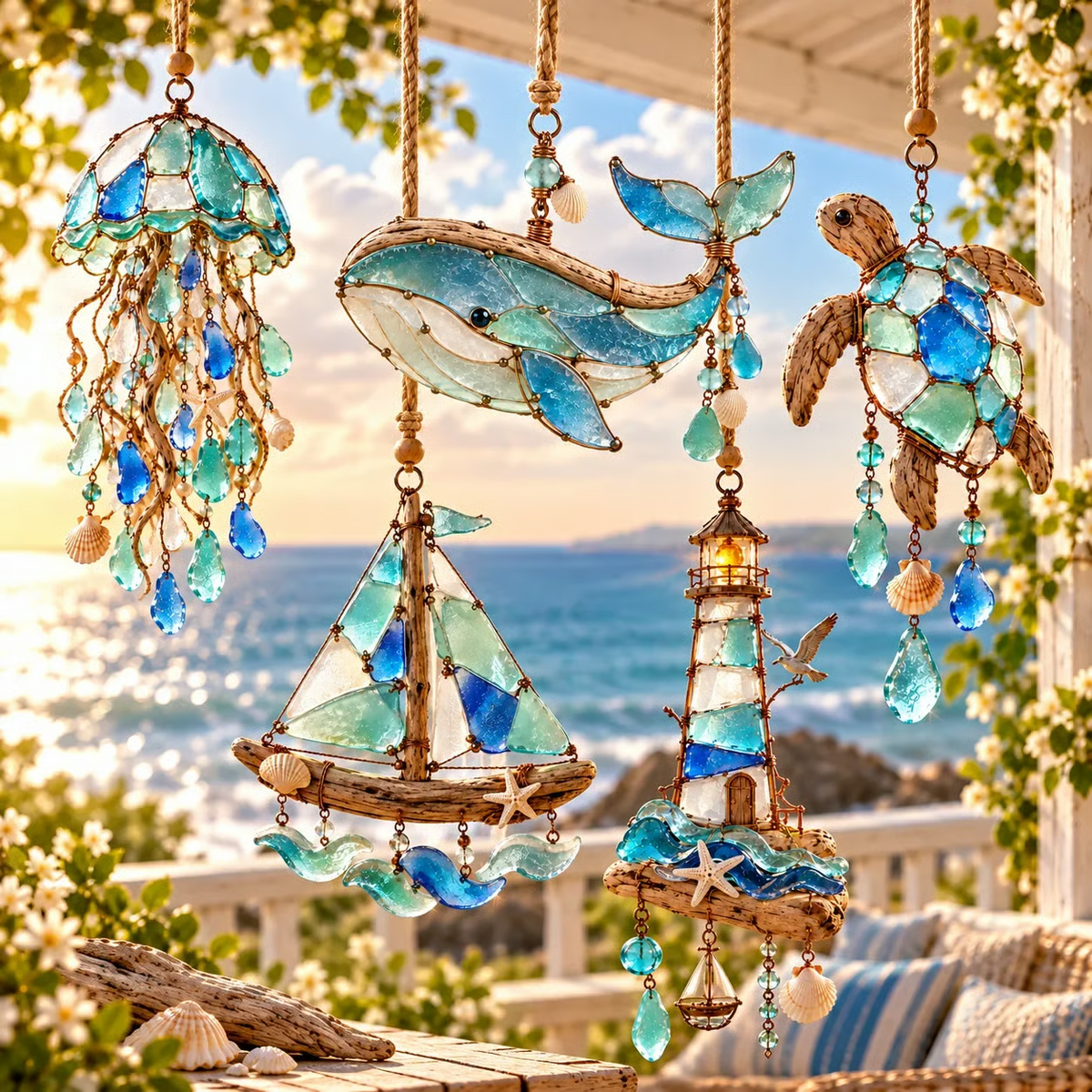🌊✨ Sea Glass Coastal Charms – Handcrafted Ocean Suncatcher Hanging Ornament Collection