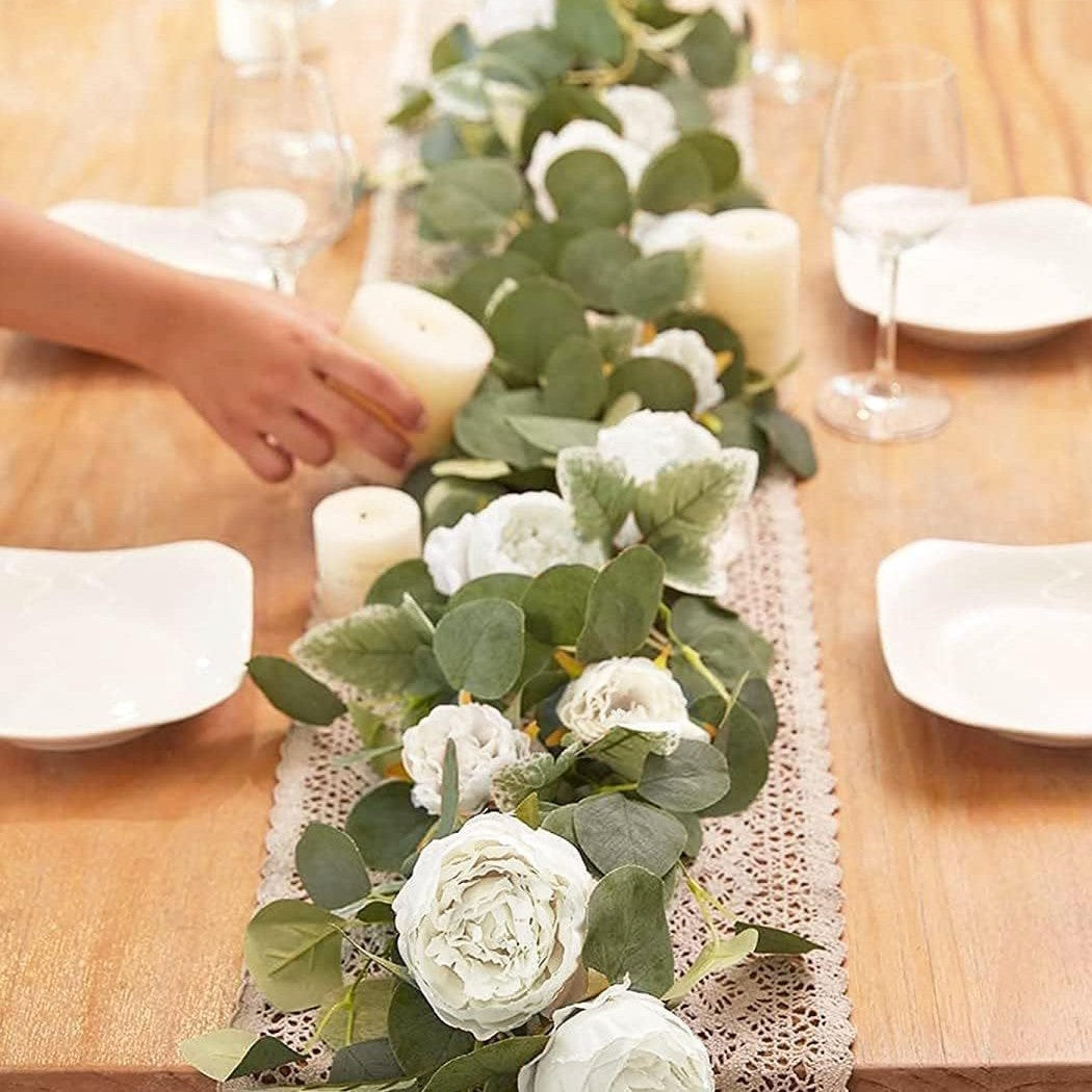 🌹Konstgjorda Blommor Girlang Vår Eukalyptus Girlang Vintage Konstgjord Blomma Pion Ros Vinranka Grönt 🦋