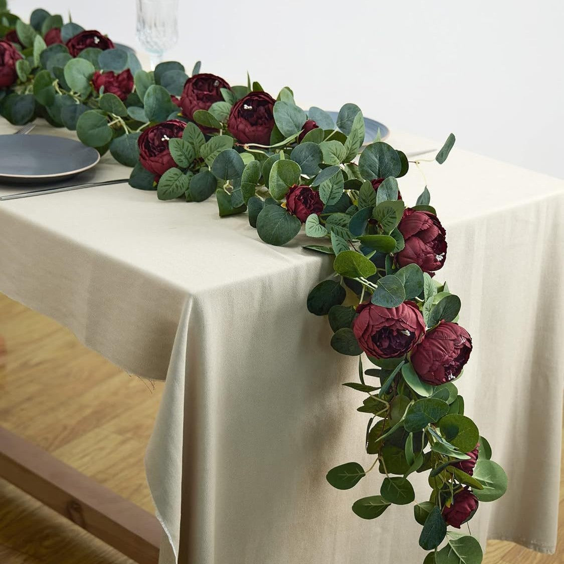 🌹Konstgjorda Blommor Girlang Vår Eukalyptus Girlang Vintage Konstgjord Blomma Pion Ros Vinranka Grönt 🦋