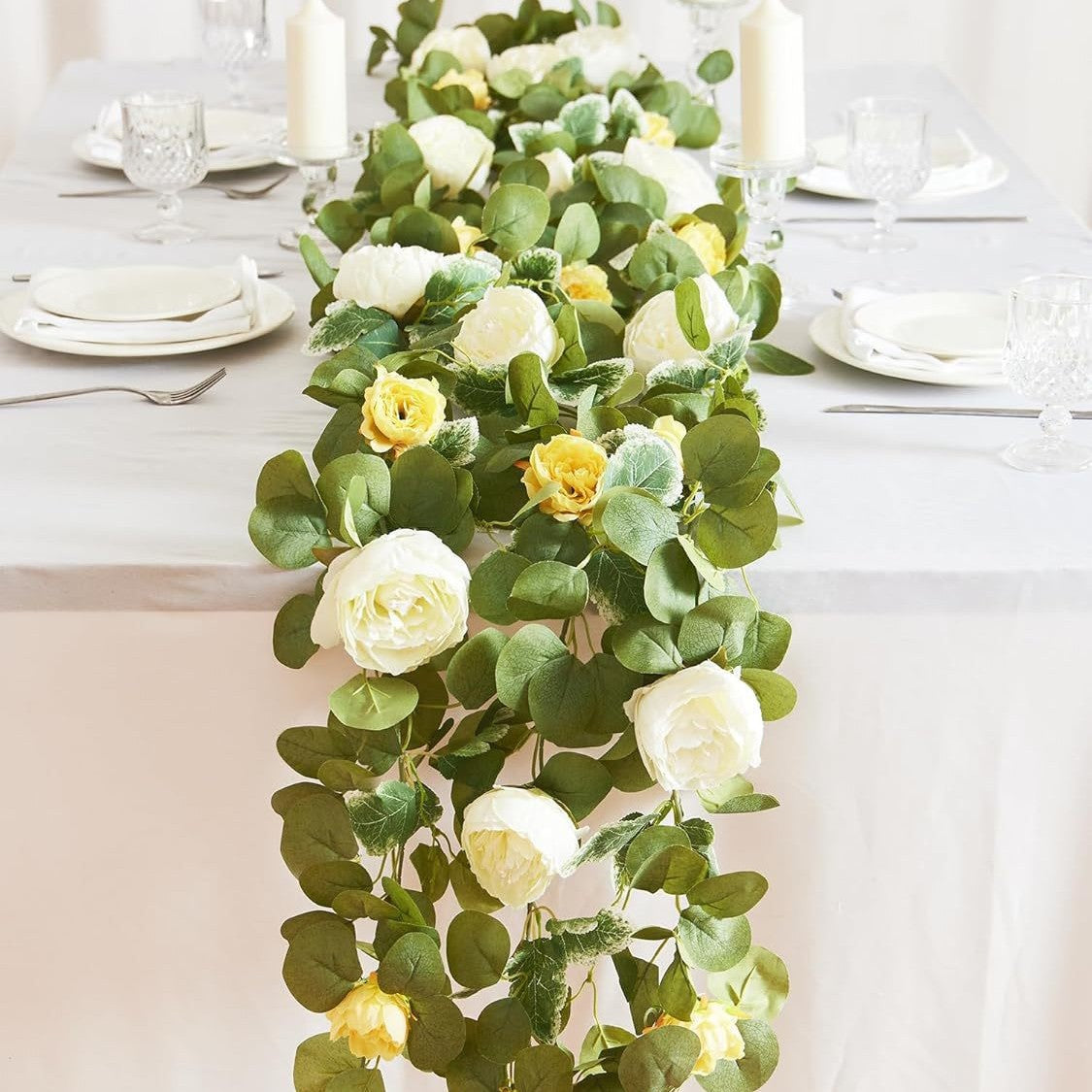 🌹Konstgjorda Blommor Girlang Vår Eukalyptus Girlang Vintage Konstgjord Blomma Pion Ros Vinranka Grönt 🦋
