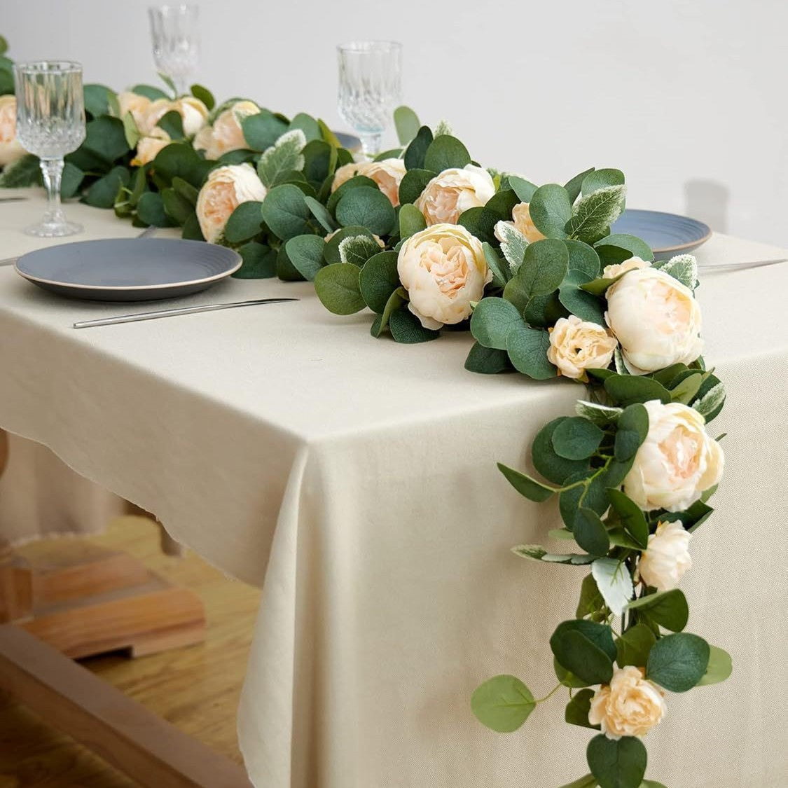 🌹Konstgjorda Blommor Girlang Vår Eukalyptus Girlang Vintage Konstgjord Blomma Pion Ros Vinranka Grönt 🦋