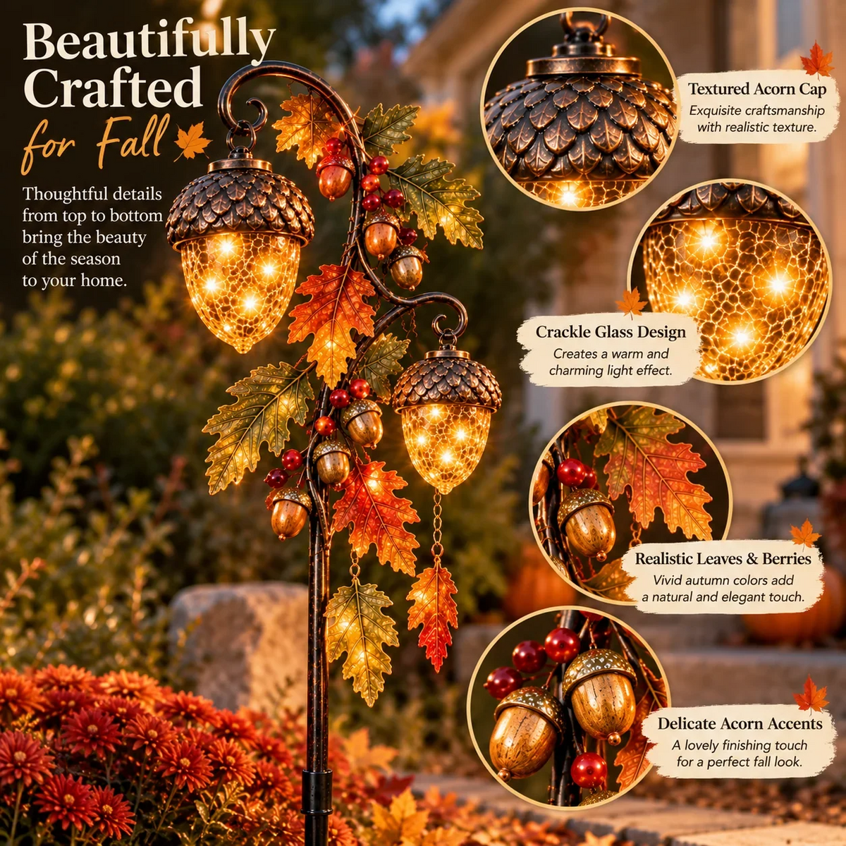 🍁 Autumn Acorn Glow – Solar Double Acorn Garden Stake Light