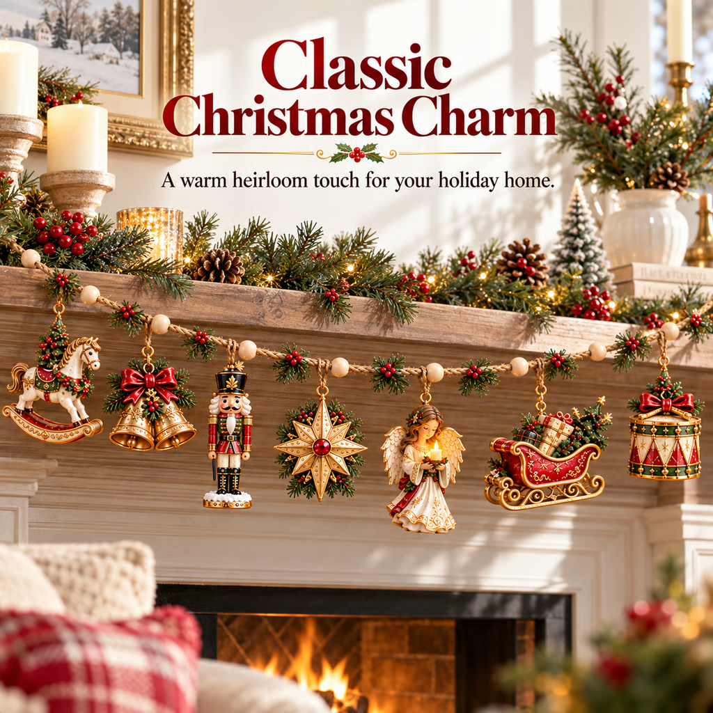 🎄 7-Piece Vintage Christmas Garland | Removable 3D Ornaments