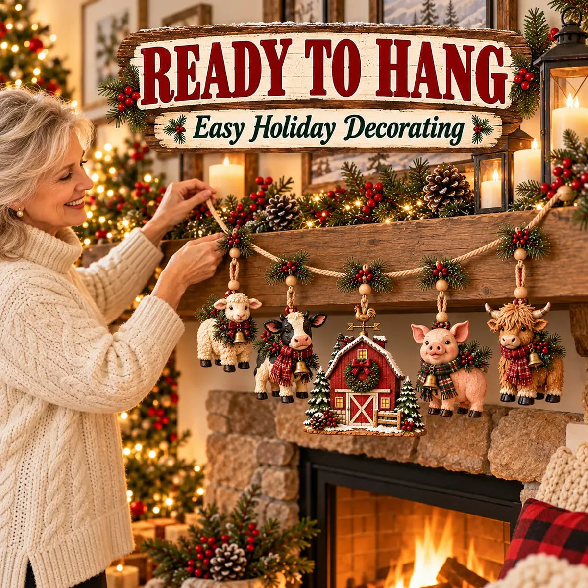 🎄Christmas Farm Animal Hanging Garland – Rustic Farmhouse Holiday Decor🐑