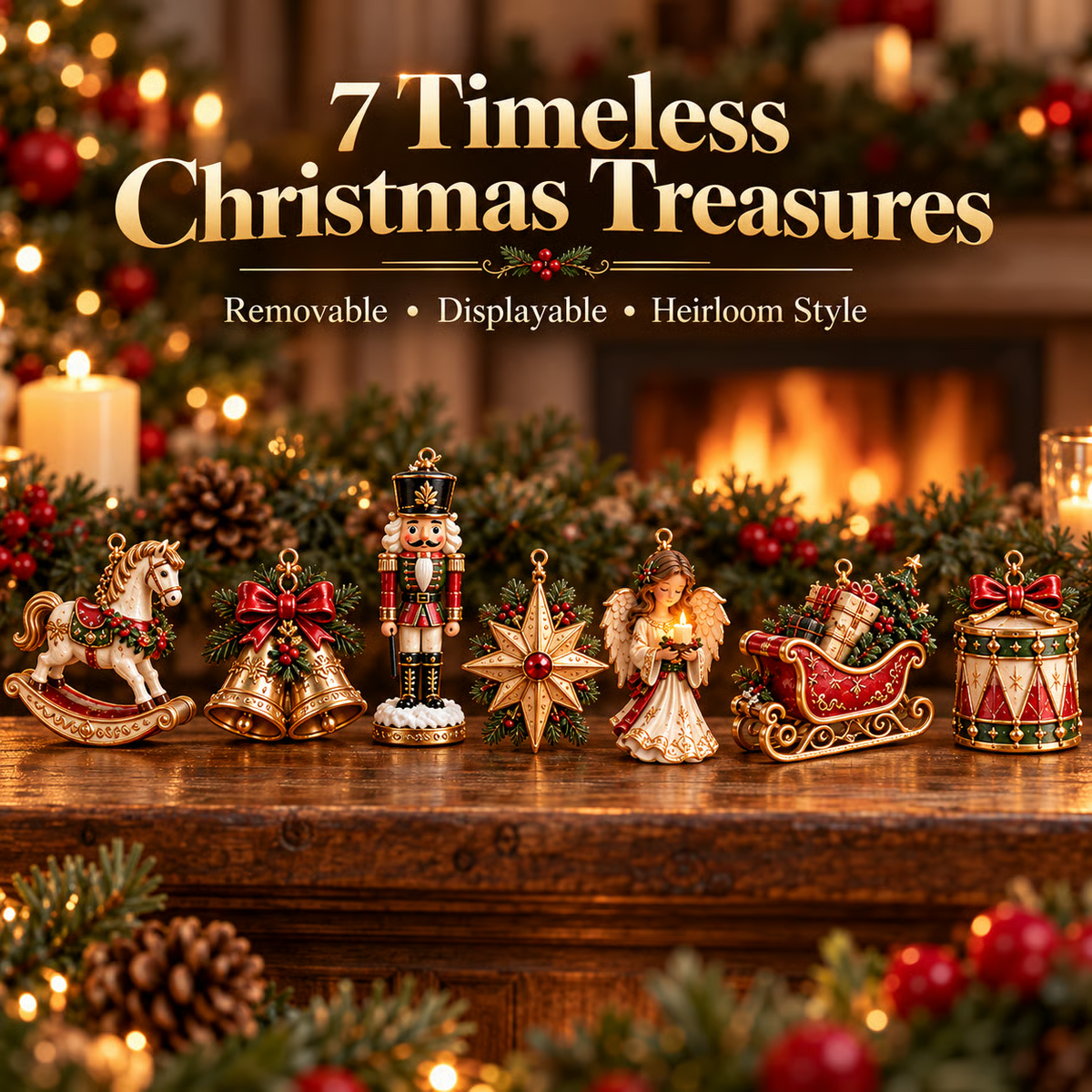 🎄 7-Piece Vintage Christmas Garland | Removable 3D Ornaments